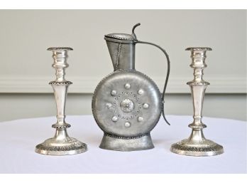 Set Of 2 Tinn Handarbeide Pewter Vintage Decanter And Weighted Silver-Tone Candlesticks