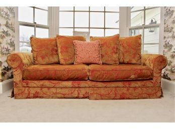 Custom Made Gold And Brick Red Loose Pillow Back Skirted Sofa