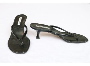 Manolo Blahnik Patent Leather Kitten Heel Thong Sandals