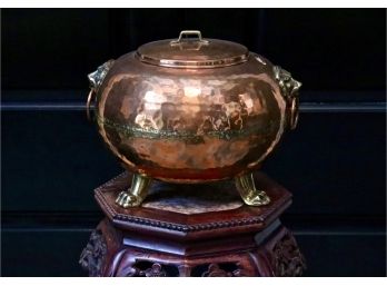 Hand Hammered Repoussé Copper Lidded Pot With Brass Lion's Head Handles And Brass Paw Feet