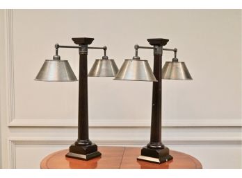 Set Of Two Double Arm Wood Pedestal Lamps With Metal Classic Empire Cone Shades