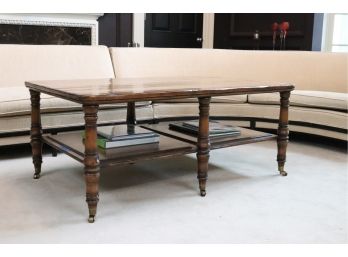 Rectangular Wooden Etagere Coffee Table With Slim Inlaid Banding And Six Ring Turned Brass Castered Legs