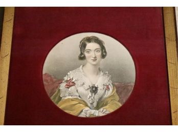 Set Of 2 18th Century Portraits Lithographs On Board With Cranberry Velvet Matting On A Gold Gilt Frame
