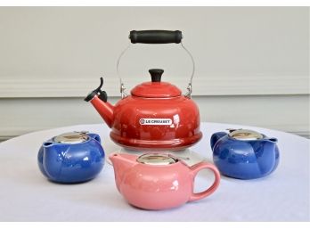 Set Of 4 Le Creuset Cherry Classic Whistle Tea Kettle And Hues N Brews Teapots