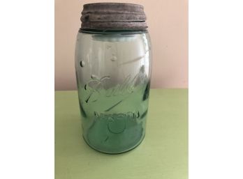 Antique Canning Jar With Zinc And Porcelain  Lid.