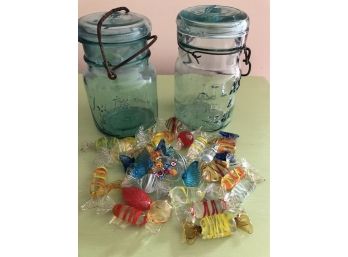 Antique Canning Jars - Green/Blue And Glass Candy