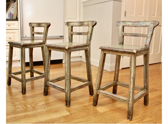 Three Roberta Schilling Collection Solid Wood Distressed Counter-Height Barstools