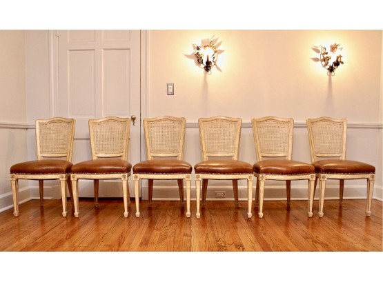 Set Of Six J.R. French Provincial Cane Back And Leather Seat Dining Chairs