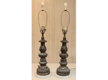 Pair Of Vintage Heavy Cast Metal Electric Lamps With Marble Base