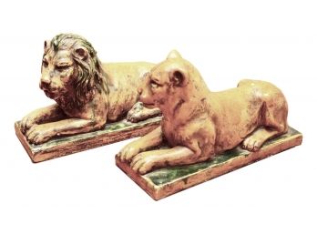 Pair Of Lion And Lioness Bookends - Made In Italy