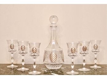 Royal Crystal Rock (RCR) Italian Glass Decanter And Six Glasses With Sterling Insert