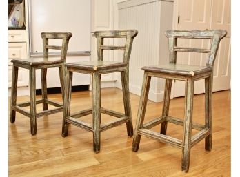 Three Roberta Schilling Collection Solid Wood Distressed Counter-Height Barstools