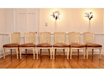 Set Of Six J.R. French Provincial Cane Back And Leather Seat Dining Chairs