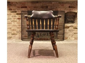 Vintage Leather And Wood Spindle Back Banker's Chair