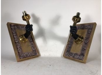 Pair Maison Baguès Style Solid Bronze Hand W. Brass Torch Wall Sconces