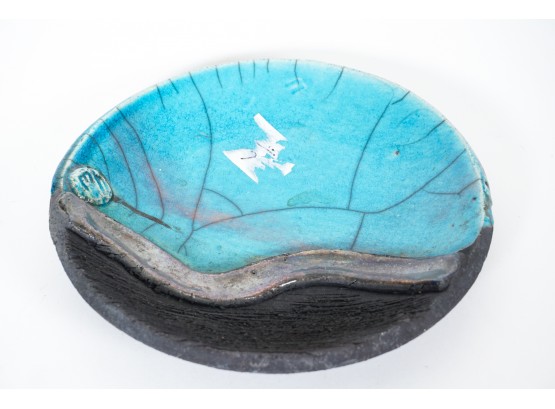 Black And Turquoise Crackle Glazed Art Pottery Plate