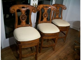 Lovely Set Of 3 Carved Swivel Stools / Chairs ( Kitchen Or Bar)