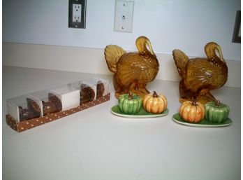 Cute Thanksgiving Lot Glass Turkeys & Candle Holders And Pumpkin S&P