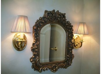 Gorgeous Ornate Gold Beveled Mirror And Two Brass Sconces W/Shades