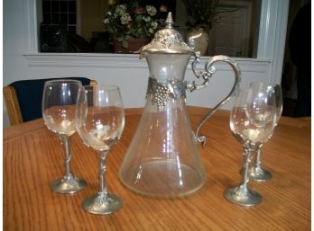 Very Pretty Five Piece Pewter Sherry Set  - (Pitcher & Four Glasses)