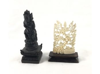 Pair Of Miniature Asian Carvings - Wood And Bone