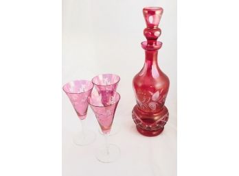 LARGE Vintage Ruby Cut Glass Decanter And Glasses