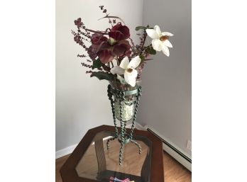 Faux Floral In Wrought Iron And Glass Vase