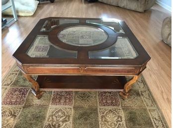 Beveled Glass And Inlaid Wood Coffee Table