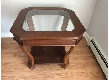 Beveled Glass And Inlaid Wood Side Table
