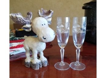 Decorative Wood Moose, Crystal Champagne Glasses