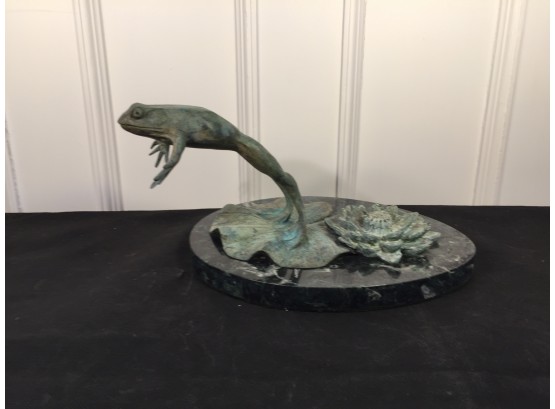 Whimsical Iron Frog Jumping From Lilly Pad With Marble Base