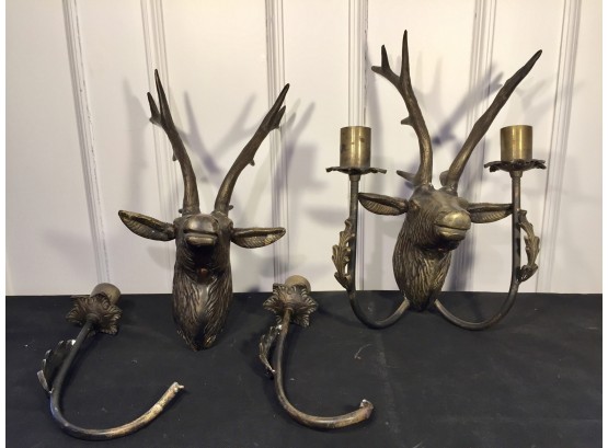 Pair Of Bronze Stag Candle Sconces