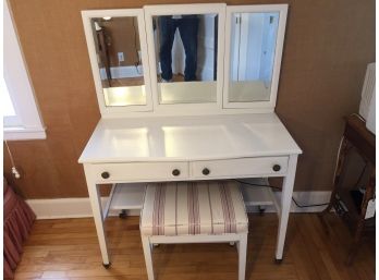 White Vanity With Triple Mirror And Stool