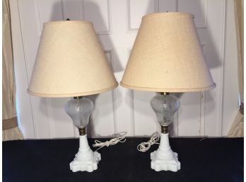 Pair Of Milk Glass And Glass Bauble Table Lamps