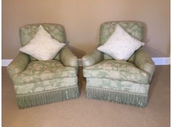 Pair Of Comfortable Green Upholstered Club Chairs With Pillows.