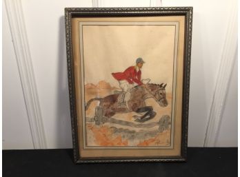 1938 Watercolor On Paper Of Horse And Rider Jumping Fence