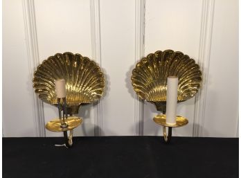 Pair Of Vintage Brass Tone Seashell Electrified Sconces