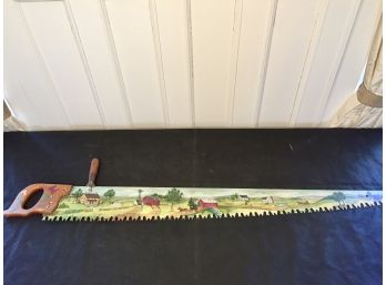 Antique Large Saw With Stunning Hand Painted Vast Farm Landscape Scene
