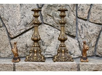 Pair Of Italian Cast Brass Candlestick Holders And Sterling Industries Dog Figurines