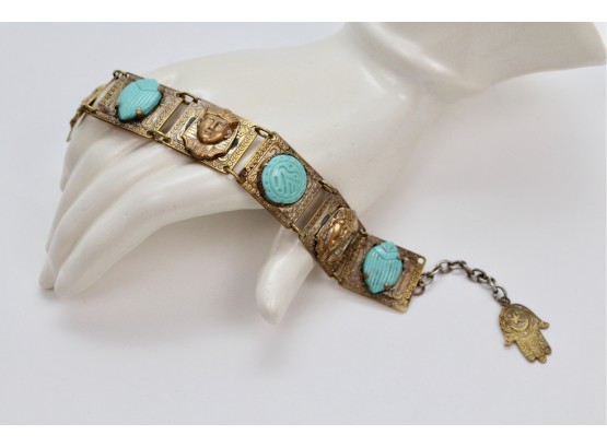 Vintage 1920s Egyptian Revival Brass Pharaoh And Turquoise Panels With Hamsa Hand Bracelet
