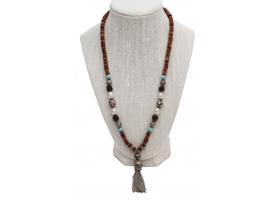 Vintage 1970's Cloisonné, Turquoise, Carved Wood And Shell Necklace With Tassel Pendant