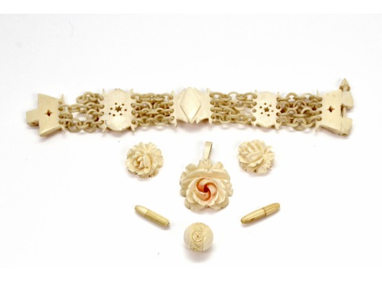 Vintage India Carved Bone Bracelet And Floral Pendants