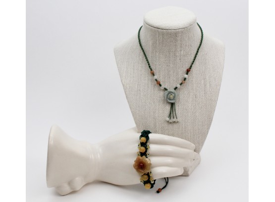 Vintage Hand Carved Jade Flower And Bead Slip Knot Bracelet And Necklace