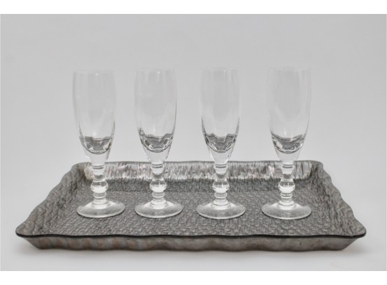Set Of Four La Rochère Champagne Flutes + Mid-Century Pearl Essence Acrylic Tray, Made In Spain