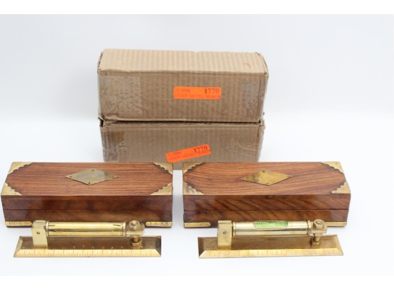 Set Of Four J. Peterman & Co. Boxed Spirit Levels In Wooden Storage Case With Brass Fittings