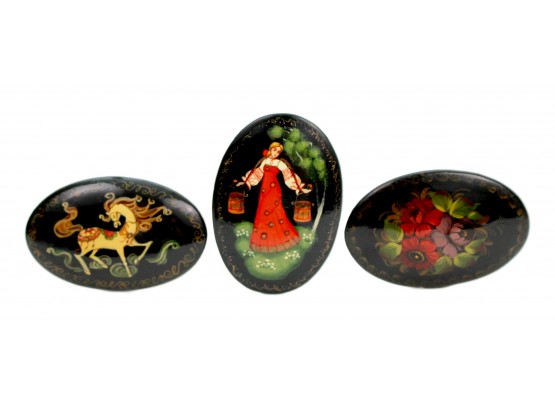 Three Vintage Russian Black Lacquer Hand Painted Pins