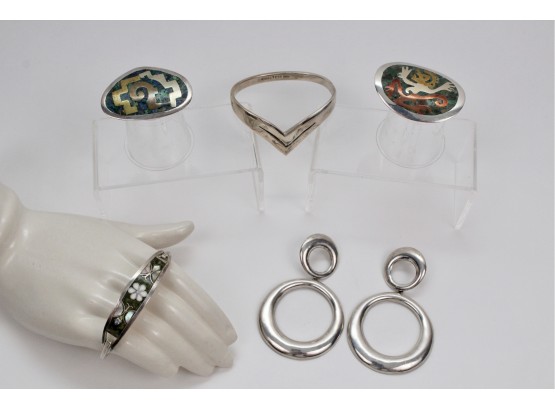 Metales Casados Mid-Century Sterling Silver Mexican Pin/Pendants, Bangle Bracelets And Earrings - 96g