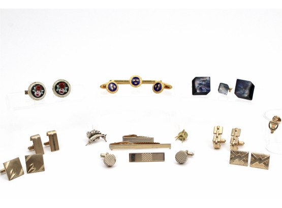 Collection Of Cufflinks, Tie Bars And Tie Tacks Including Sporrong Royal Swedish Cobalt Blue Enamel Cufflinks