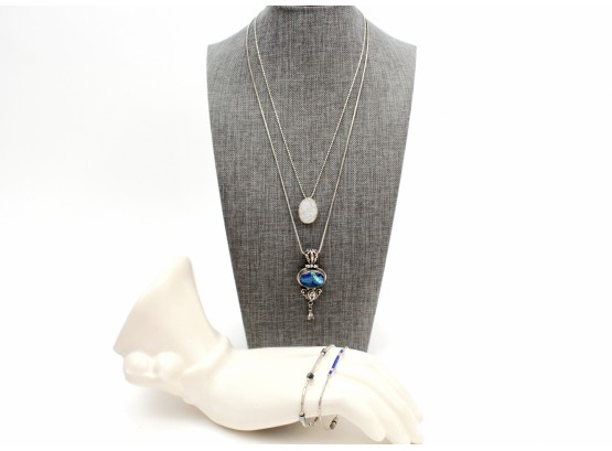 Iridescent Blue Labradorite Sterling Silver Necklace, White Druzy Sterling Silver Pendant Necklace And Sterling Silver Bracelets - 23.6g