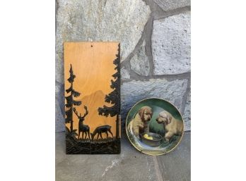2 Pc Decorative Lot ~ Applied Wood Picture & Dog Plate ~